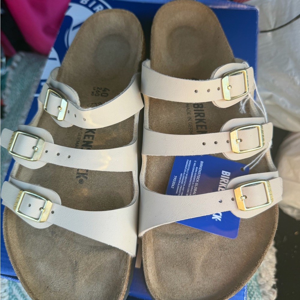 Birkenstock Triple Strap Sandals in Cream with Gold Buckles